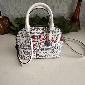 DKNY Bryant Dome Satchel Handbag With Crossbody Strap White/Black Graffiti Print